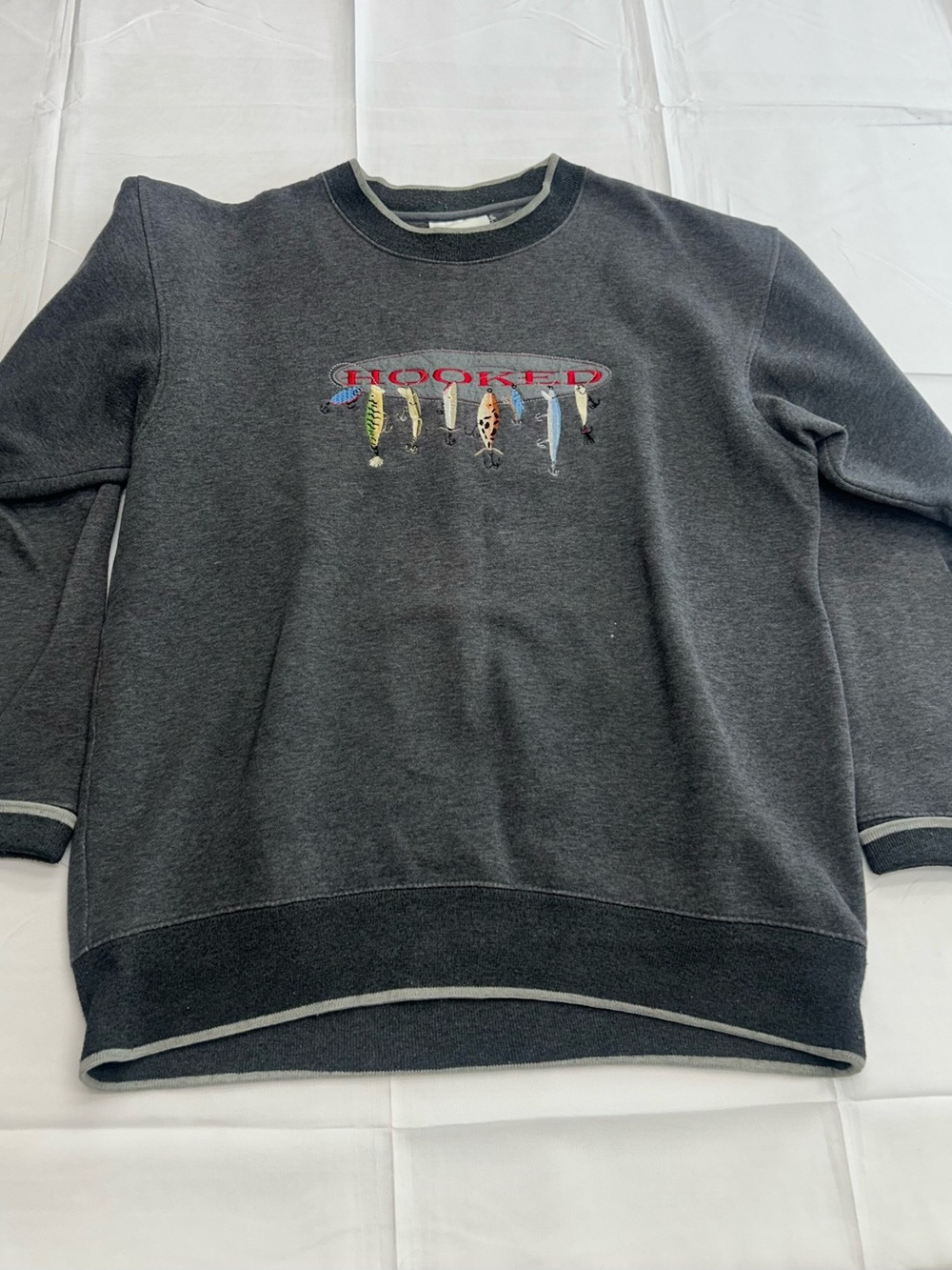 Vintage MC Sport Embroidered Hooked Fishing Lures Sweatshirt Charcoal M